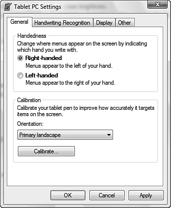 The Tablet PC Settings dialog box enables you to configure basic Tablet PC behavior.