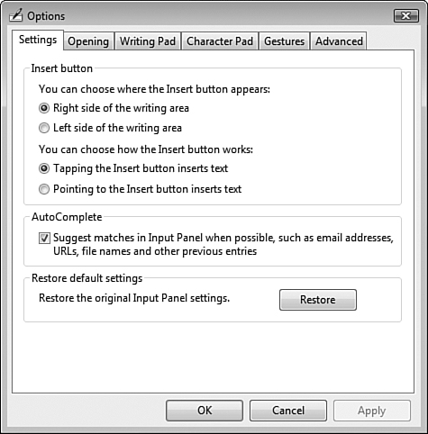 The Options dialog box enables you to configure the Tablet PC Input Panel to match your usage style.