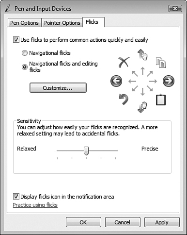 The Flicks tab of the Pen and Input Devices dialog box enables you to define pen actions used for navigation and document editing.