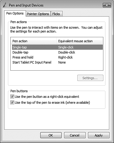 The Pen Options tab of the Pen and Input Devices dialog box defines how Tablet PC responds to various actions with the pen.