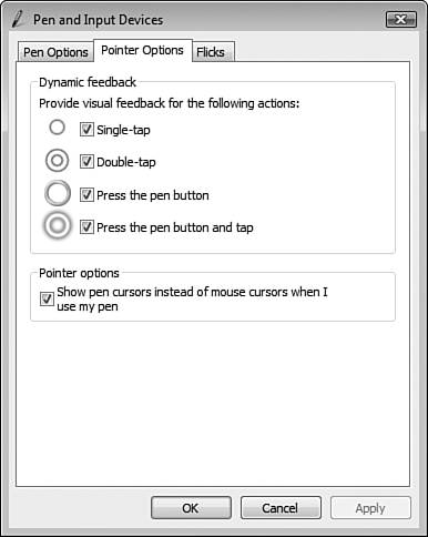 The Pointer Options tab of the Pen and Input Devices dialog box enables you to receive visual feedback on various pen actions.