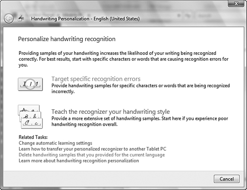 The Handwriting Personalization dialog box enables you to train the handwriting recognizer according to your writing style.