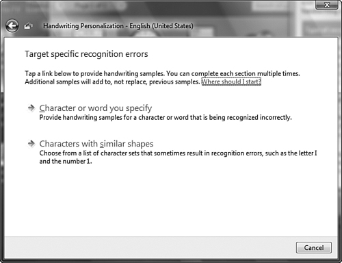 The handwriting recognizer provides two additional options that assist you in correcting specific recognition errors.