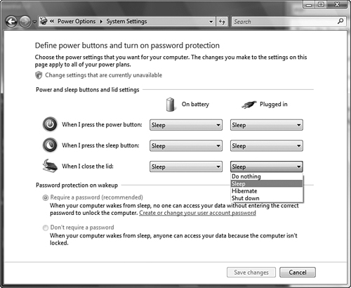 The Define Power Buttons and Turn on Password Protection dialog box enables you to define actions on closing the lid and configure password protection.