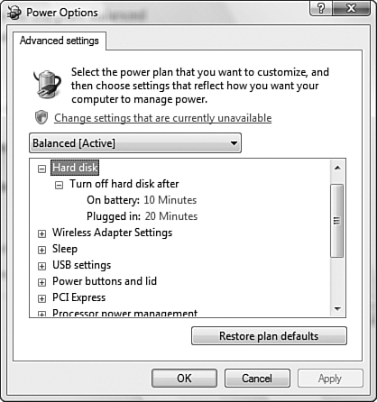 The Power Options dialog box provides several options for configuring power management.