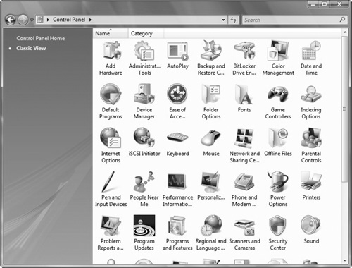 Window Vista Control Panel in Classic view.