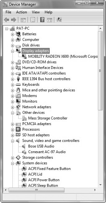 Windows Vista Device Manager. The exclamation point indicates a problem with the Mass Storage Controller driver, and the down arrow indicates the Conexant AC-97 audio device is disabled.