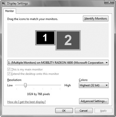 The Display Settings dialog box enables you to select the resolution and color depth.