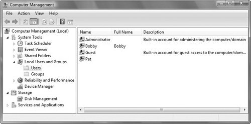 Managing users with the Computer Management console.