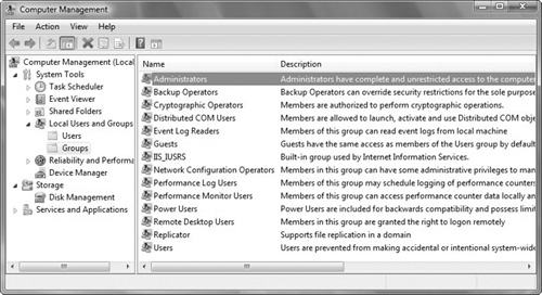 Managing groups with the Computer Management console.