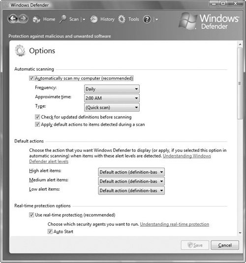 Configuring Windows Defender options.