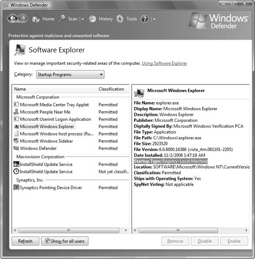 Using Software Explorer in Windows Defender.