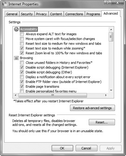 Advanced options in IE.