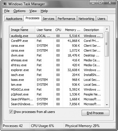 The Process tab in Windows Task Manager can show you what processes are running, how much resources each process is using, and enable you to end a process.