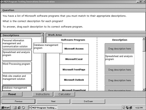 Using drag and drop to match the correct application description to each software program.