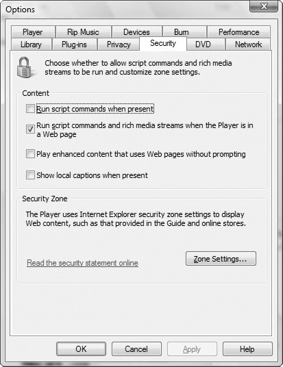 Windows Media Player Security options.