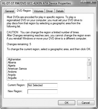 DVD drive’s Properties dialog box showing DVD region.