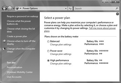 Configuring power plans using the Control Panel.