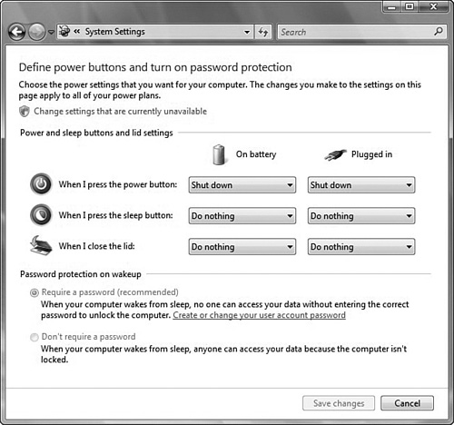 System settings for power, sleep buttons, and lid settings.