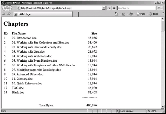 DocLibStorage report displayed in a browser