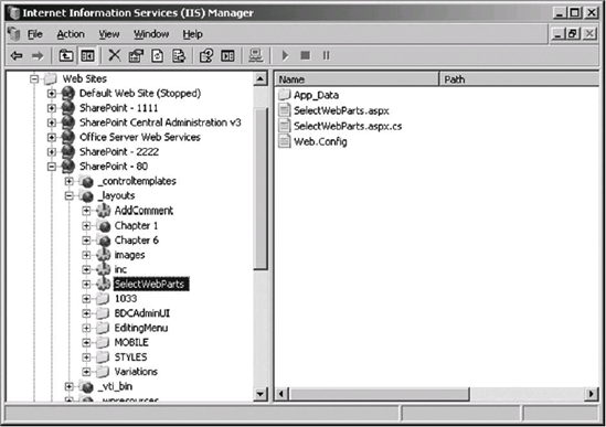 The IIS Manager application showing the SelectWebParts virtual directory