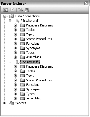 The PTracker and Security databases in Server Explorer