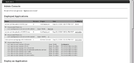 SpringSource dm Server administrative interface with the deployed Hello World application