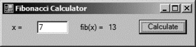 A Fibonacci calculator form created with the Visual Studio designer