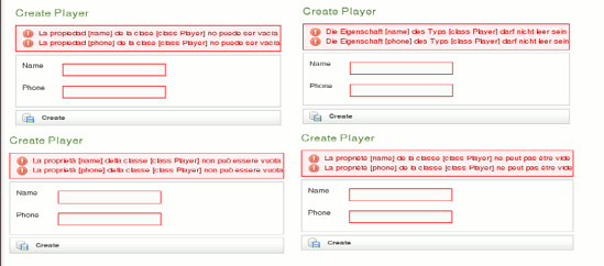 Grails localized and parameterized messages, determined on a user browser's language preferences (Left-Right, Top-Down: Spanish, German, Italian, and French)