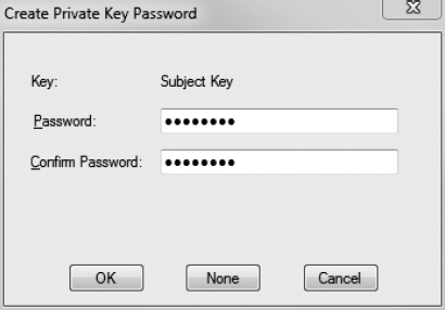 The Certificate Creation tool requests a password when creating file-based private keys.