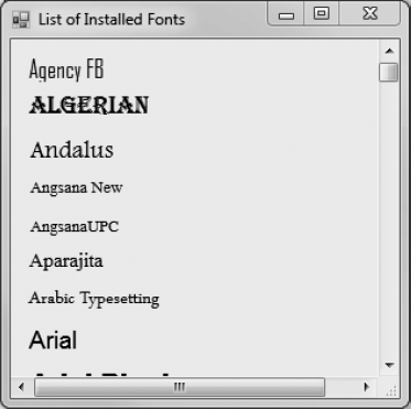 A list of installed fonts