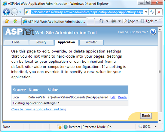 Editing an application setting with the WAT