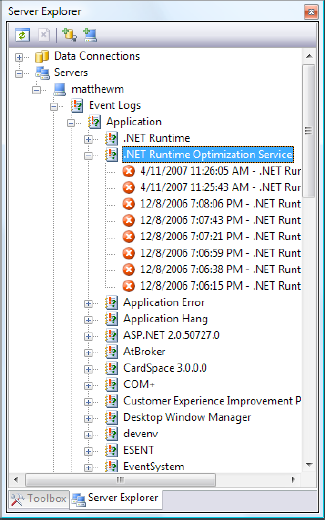 Viewing event log entries in Visual Studio