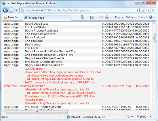 An exception trace message