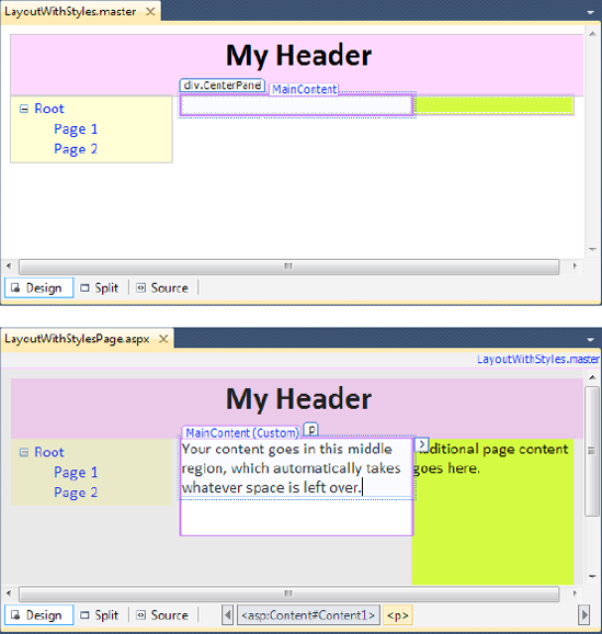 A master page (top) and a content page (bottom) using style-based layout