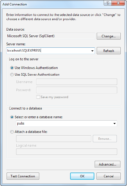 Creating a connection in Visual Studio