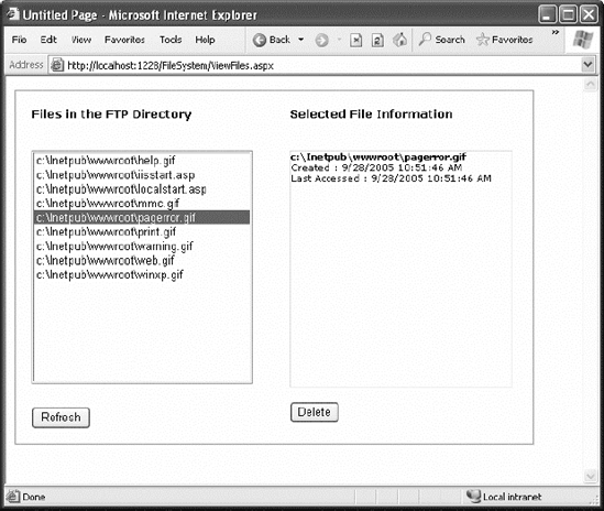 An admin page with file information