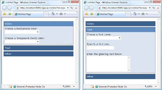 Choosing a panel in the Accordion