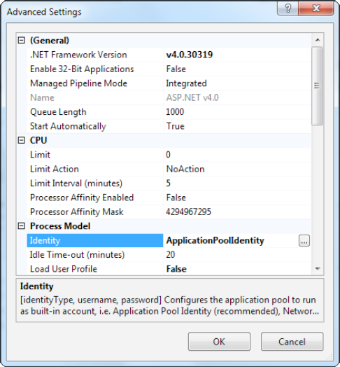 Advanced application pool settings