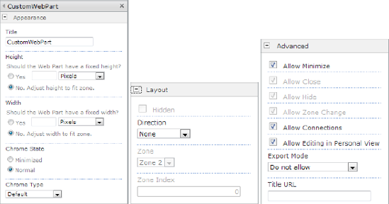 Predefined Web Part editor parts (from left to right: AppearanceEditorPart, LayoutEditorPart, and BehaviorEditorPart)