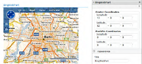 The Bing map with a default location, and the custom editor