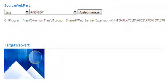 The target Web Part shows the image selected in the source.