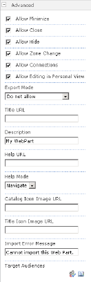 The Advanced category as viewed in the tool pane