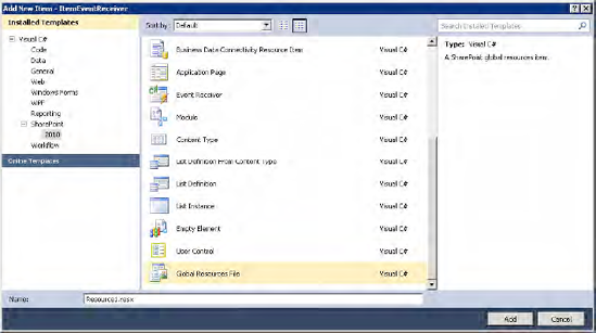 Adding a global resource file from SharePoint 2010 within a Web Part