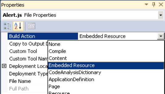 Set the Build Action property to add the file to the assemblies manifest.