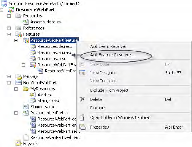 A feature with several feature resources added in Solution Explorer