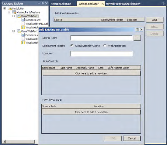 Adding assemblies in the package designer