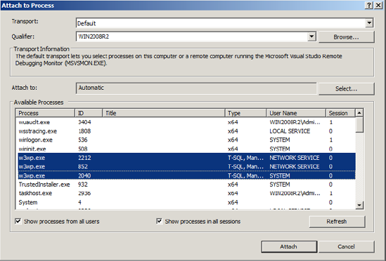 Attach to the w3wp process to debug your code for SharePoint