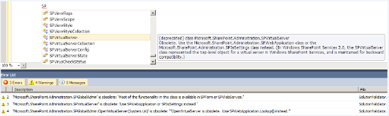 Compiler warnings and IntelliSense indicate deprecated types and methods.