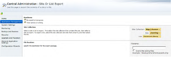 Site Or List Export page in Central Administration